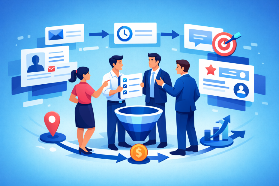 Illustration of a sales team collaborating around prospect cards and conversion paths, showcasing effective sales pitch strategies.