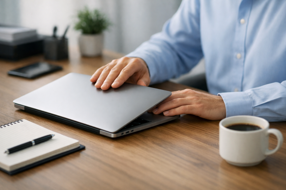 A professional person concluding an email on a laptop, representing how to end a professional email.
