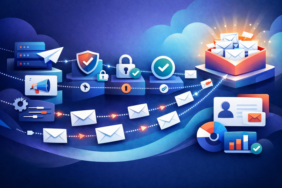 Illustration depicting how to find someone's email, featuring email workflow, contacts, and infrastructure in a modern B2B context.
