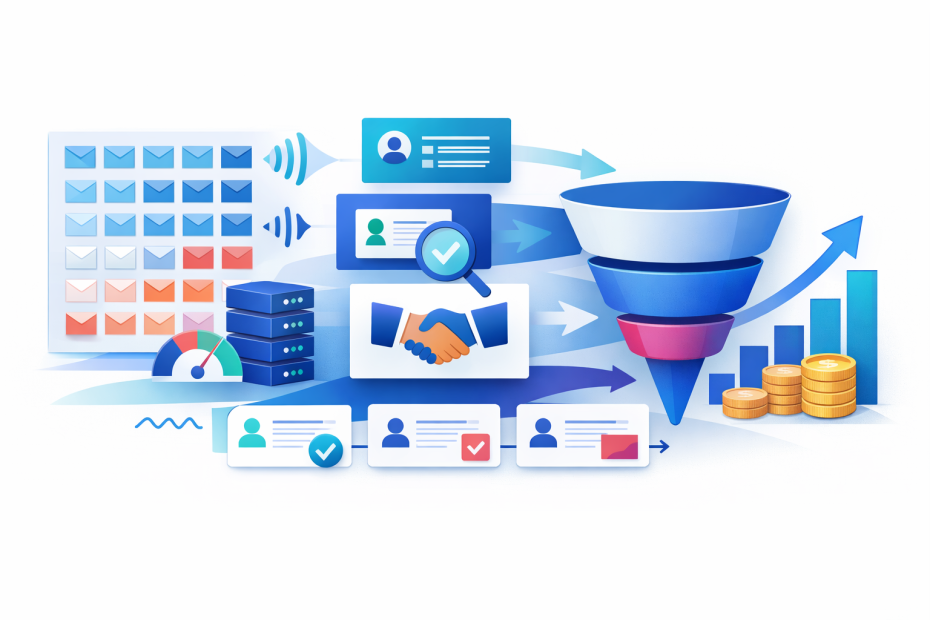 Illustration of a sales process pipeline showcasing lead cards, funnel stages, and revenue metrics in a modern B2B SaaS style.