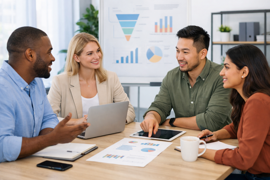 A diverse group of professionals brainstorming lead generation strategies in a modern office environment.