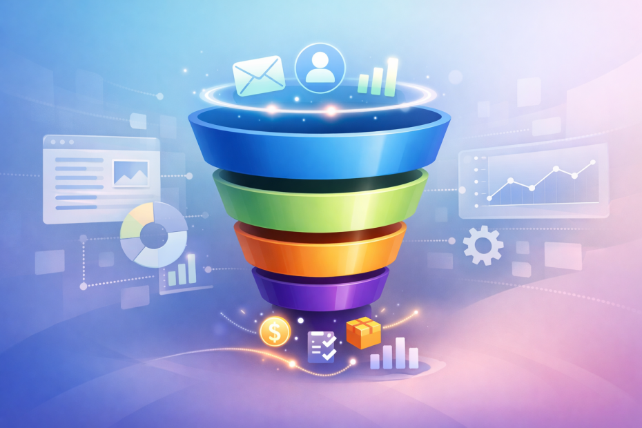 An editorial illustration depicting the stages of a sales funnel in a modern B2B SaaS context, emphasizing the journey of potential customers.