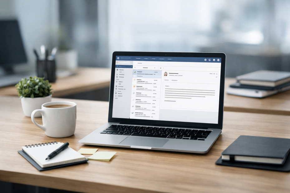 An office workspace featuring a laptop open to an email platform, symbolizing the use of a hunter email finder in B2B outreach.