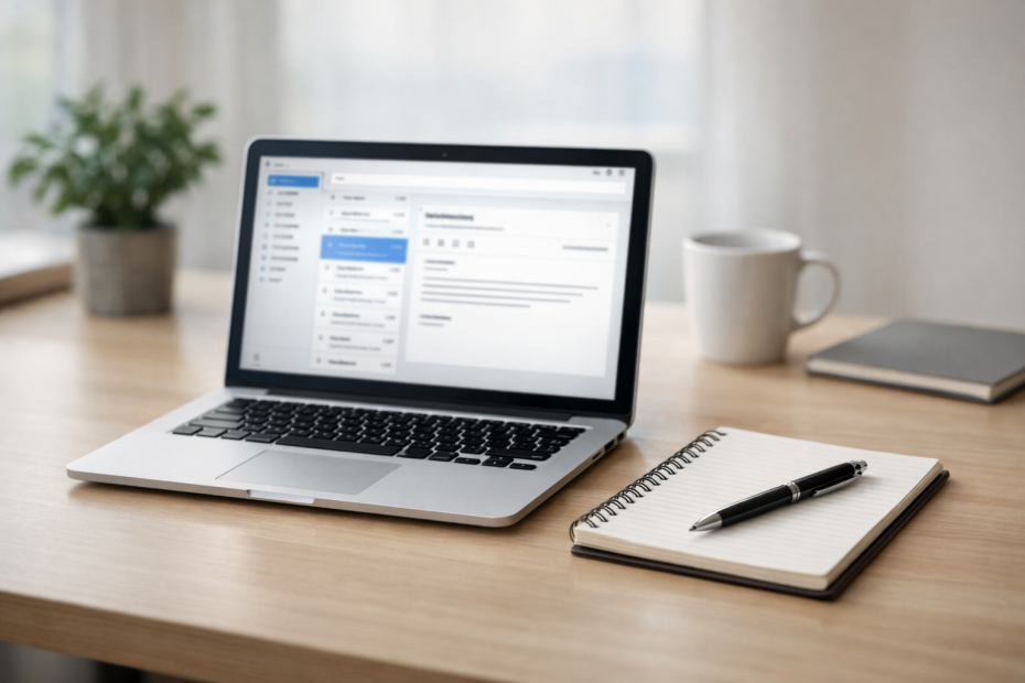 A professional workspace with a laptop and notepad, illustrating ways to end an email professionally